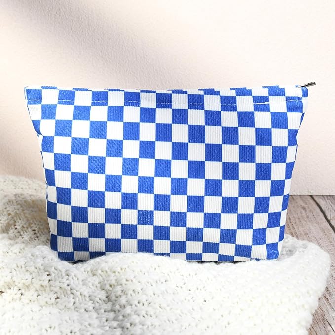 2 Pcs Checkered Makeup Bag Large Cosmetic Bag Toiletry Bag Makeup Pouch Travel Bag Organizer Cute Makeup Brushes Aesthetic Accessories Storage Bag for Women Royal Blue