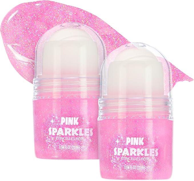 2pc Pink Sparkles Roll-On Glitter Set - Strawberry Scented Roll On Body & Face Glitter, Smooth Rollerball Tip Glitter Stick Face & Body Makeup for Shimmer & Shine