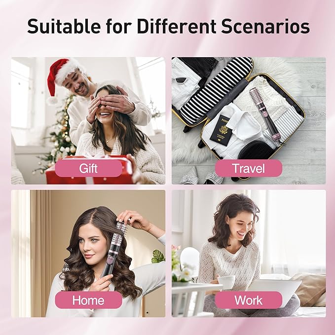 3-in-1 Rotating Hair Dryer Brush Blow Dryer with Interchangeable Heads, Hair Styling Tools for Straightening/Drying/Curling, Spinning Thermal Brush Blowout Set for Long Hair, Rose Gold