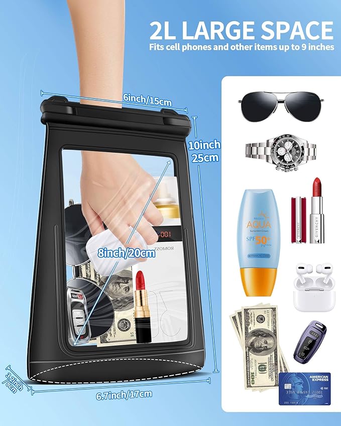 2L Waterproof Phone Pouch for Cruise Essentials 2025, Waterproof Bag Floating for Beach Vacation Essentials Cruise Ship, IPX8 Large Crossbody Dry Bag for iPhone 16 15 14 13 12 11 Pro Max Galaxy Black