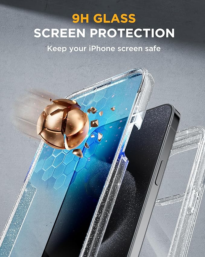 Miracase for iPhone 15 Pro Case Full-Body Built-in Glass Screen Protector& Camera Protector, Military Drop Proof 15 Pro Phone Cover 6.1 inch, Clear Glitter