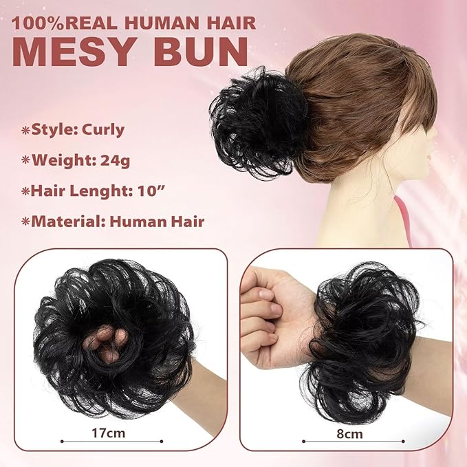 1 PCS Messy Bun Hair Piece Real Human Hair Thick Updo Wavy Curly Chignon Ponytail Hair Extensions Hair Bun Hairpieces for Women Girls (#1 Jet Black)
