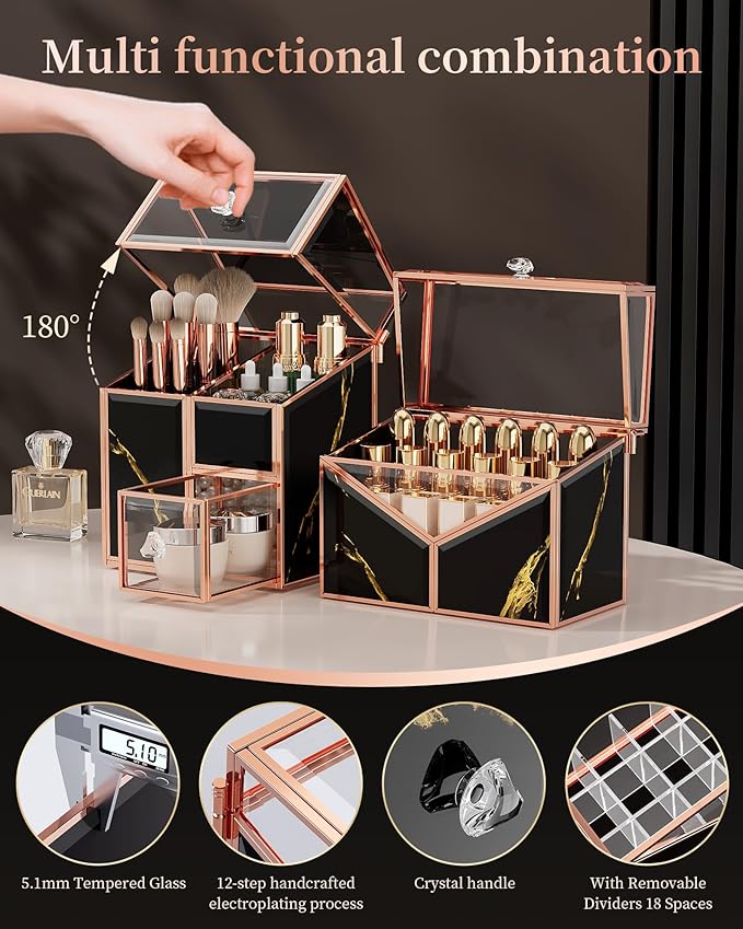 Makeup Organizer Countertop Glass – Vanity Holder with 18-Slot Lipstick Organizer & Covered Makeup Brush Holder – Skincare, Perfume & Cosmetic Display for Bathroom or Dresser