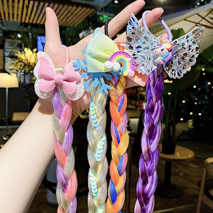 6Pcs Girls Colored Braids Hair Extensions with Rubber Bands, Rainbow Braided Hairpieces Hair Bows Wig Ponytails Kids Favor DIY Hairs Accessories for Girls Gift Birthday Party Cosplay Daily Dress Up
