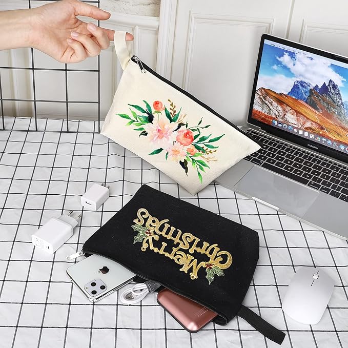 10 Pieces Cotton Canvas Makeup Bag with Bottom, Multi-Purpose Cosmetic Bag with Zipper Travel Toiletry Pouch, Blank DIY Craft Bag Pencil Bag (S, Black) (MN-WB07)