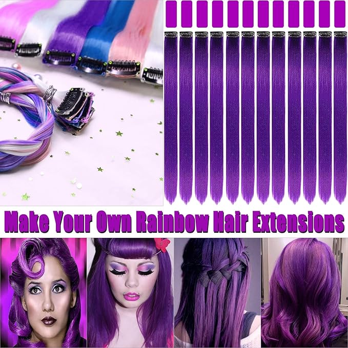 12 PCS Purple Hair Extensions Clip in, 22-Inch Colored Hair Extensions Party Highlights Long Straight Synthetic Hairpieces for Women Kids Girls Halloween Christmas Cosplay