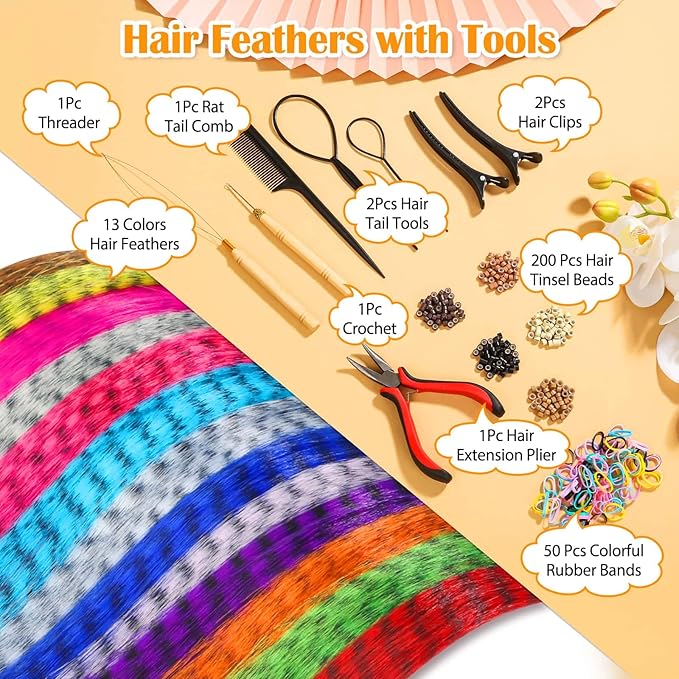 65 Pcs Hair Feathers with Hair Extension Tools, 13 Colors Long Straight Synthetic Hair Feather Extensions Kit with Microlink Beads for Women Girls Kids Daily Parties Festival