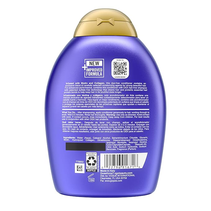 OGX Thick & Full + Biotin & Collagen Volumizing Conditioner, Nutrient-Infused Conditioner with Vitamin B7 Biotin Gives Hair Volume & Body for 72+ Hours, Sulfate-Free Surfactants, 13 fl. Oz