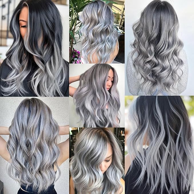 16 Pcs Colored Hair Extensions Curly Wavy Clip in Synthetic Hair Extensions,Colorful Party Highlights Hairpiece Streak for Girls Women Kids(Grey)
