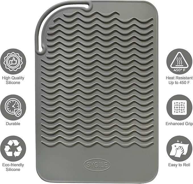 11" X 7.5" Large Size Heat Resistant Silicone Travel Mat for Hair Straighteners, Curling Irons, Flat Irons, Other Hair Styling Tools, Portable Silicone Pad Cover for Travel Vanity Salon - Gray