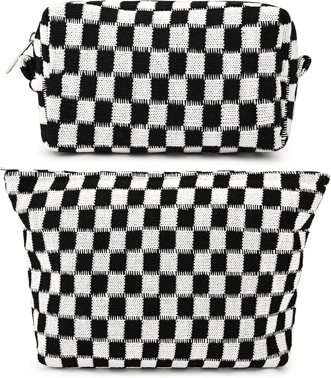 2 Pieces Black Makeup Bag Large Checkered Cosmetic Bag Capacity Canvas Mix Travel Toiletry Bag Organizer Cute Makeup Brushes Aesthetic Accessories Storage Bag for Women, Checkered Mix Black