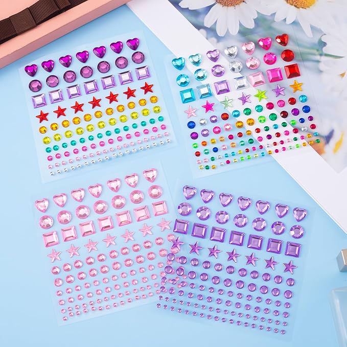 OIIKI 4 Sheets Colorful Star & Heart Face Gems, Acrylic Crystal Face Gems, Halloween Round Square Makeup Stickers - 4 Styles Rhinestones Tattoos for Women & Girls