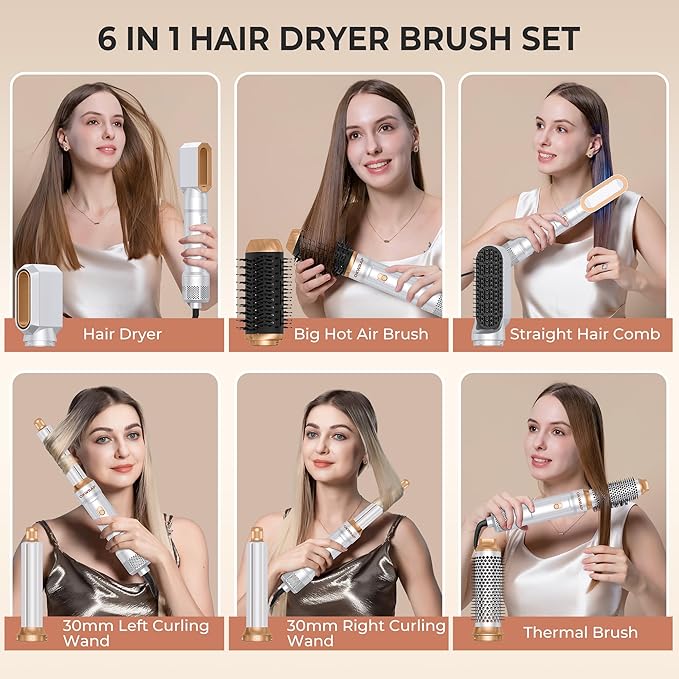 6 in ONE Blow Dryer Brush,Air Curling Iron Round Brush for Blow Out 1000W,Ionic Hair Dryer Brush for Women, Blowout Brush Air Styler Curler (Golden White)