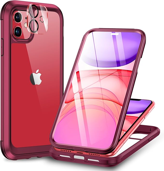 Miracase Glass Series for iPhone 11 - Full-Body Rugged Protective Case with Built-in 9H Tempered Glass Screen Protector and Camera Lens Protector, Wine Red