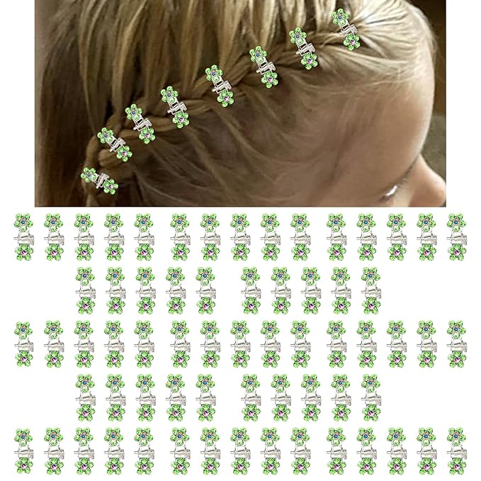 65PCS Mini Flower Hair Clips with Rhinestone Mini Glitter Teeth Rhinestone Flower Hair Accessories - No-Slip Grip Metal Jaw Clamps for Girls Women (Silver-Green Crystal)