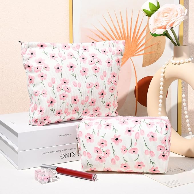 2 Pieces Flower Makeup Bag Large Floral Cosmetic Bag Capacity Canvas Mix Travel Toiletry Bag Organizer Cute Makeup Brushes Aesthetic Accessories Storage Bag for Women, Flower Mix Pink