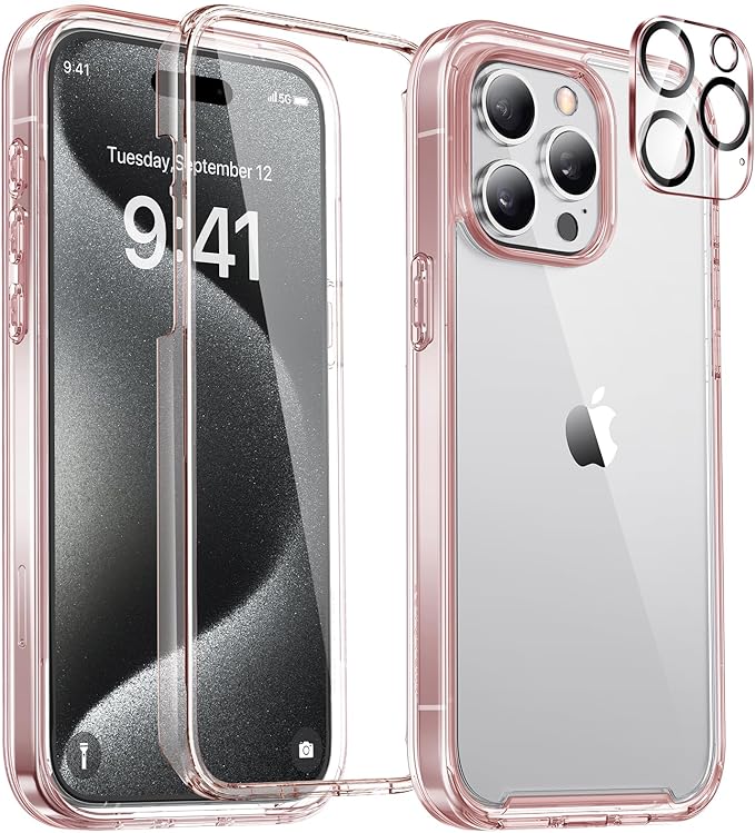 Miracase Glass Series for iPhone 15 Pro Max Case 6.7 Inch, Full-Body Drop Proof Phone Case for iPhone 15 Pro Max with Built-in 9H Tempered Glass Screen Protector + Camera Protector, Clear Pink