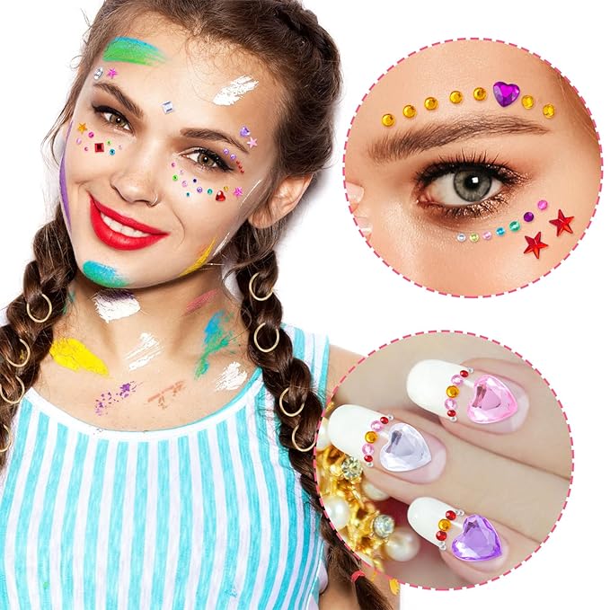 OIIKI 4 Sheets Colorful Star & Heart Face Gems, Acrylic Crystal Face Gems, Halloween Round Square Makeup Stickers - 4 Styles Rhinestones Tattoos for Women & Girls
