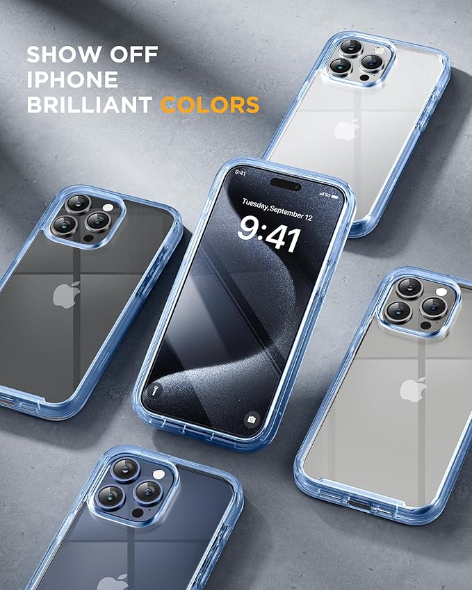 Miracase Glass Series for iPhone 15 Pro Max Case 6.7 Inch, Full-Body Drop Proof Phone Case for iPhone 15 Pro Max with Built-in 9H Tempered Glass Screen Protector + Camera Protector, Clear Blue