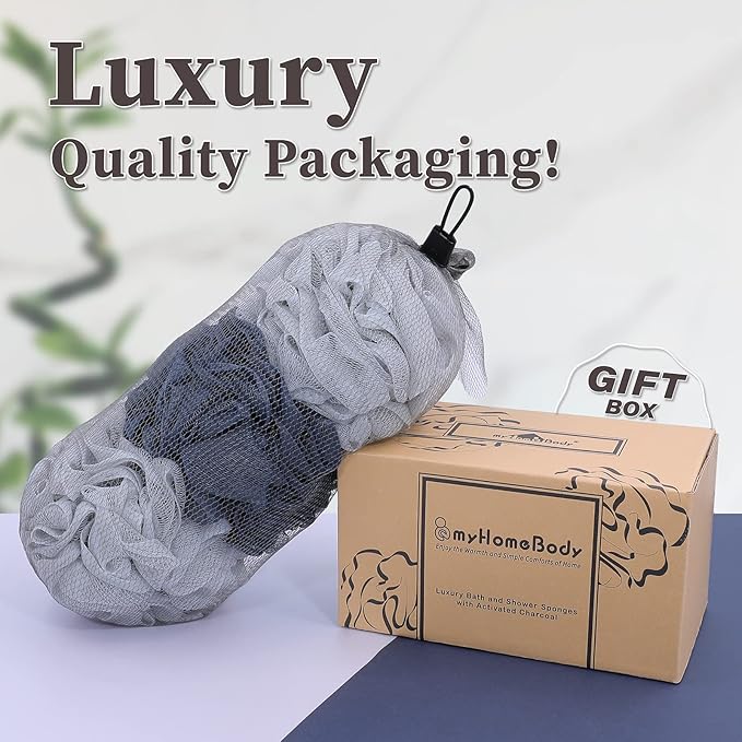 myHomeBody Large 70g Loofah Sponge, Body Scrubber, Bath Sponge, Loofah for Women, Men, Exfoliating Sponge Shower Pouf with Activated Charcoal - 2 Fog Gray + 1 Midnight Blue, 3 Pack