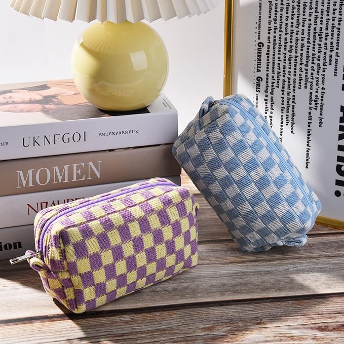 2 Pieces Makeup Bag Checkered Cosmetic Bag Purple Blue Makeup Pouch Travel Toiletry Bag Organizer Cute Makeup Brushes Storage Bag for Women