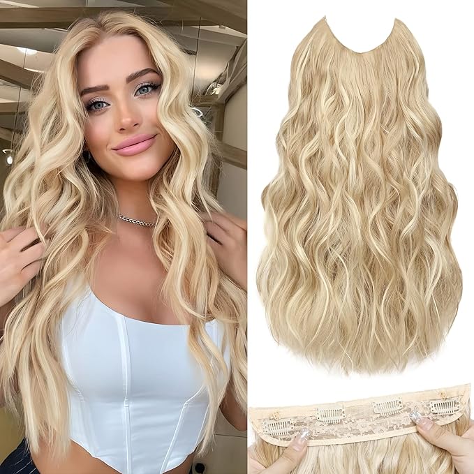 MORICA Invisible Wire Hair Extensions - 20 Inch Hair Extensions Halo Ash Blonde Mix Bleach Blonde Long Wavy Synthetic Hairpiece with Transparent Wire Adjustable Size, 4 Secure Clips for Women