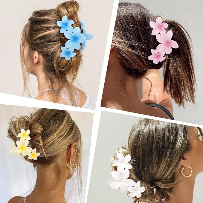 ANBALA 4PCS Flower Matte Claw Clips for Thick Hair - Large Plumeria Hair Accessories for Women, Summer Beach Hair Clips (Colorful)