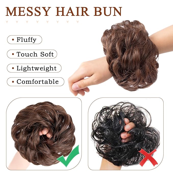 MORICA 1PCS Messy Hair Bun Hair Scrunchies Extension Curly Wavy Messy Bun Synthetic Chignon Hairpieces for Women (4/30#(Dark Brown & Light Auburn Mixed))