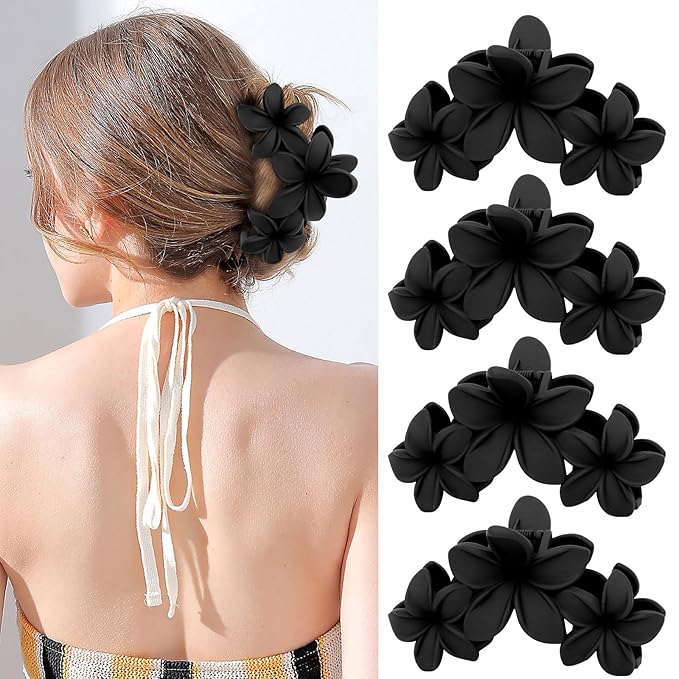 4PCS Matte Flower Hair Clips - Non-Slip Large Plumeria Clips for Thick Hair, Strong Hold for Women and Girls (Black)