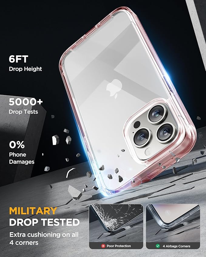 Miracase Glass Series for iPhone 15 Pro Max Case 6.7 Inch, Full-Body Drop Proof Phone Case for iPhone 15 Pro Max with Built-in 9H Tempered Glass Screen Protector + Camera Protector, Clear Pink