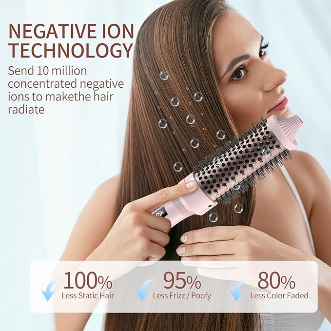 K&K 1 1/2 Inch Ceramic Tourmaline Ionic Heated Round Brush Curling Brush Creates Blowout Look -Creates Root Volume & Loose Curls Volume Curls Dual Voltage Hair Styling Tool (Pale Pink, 1.5 Inch)