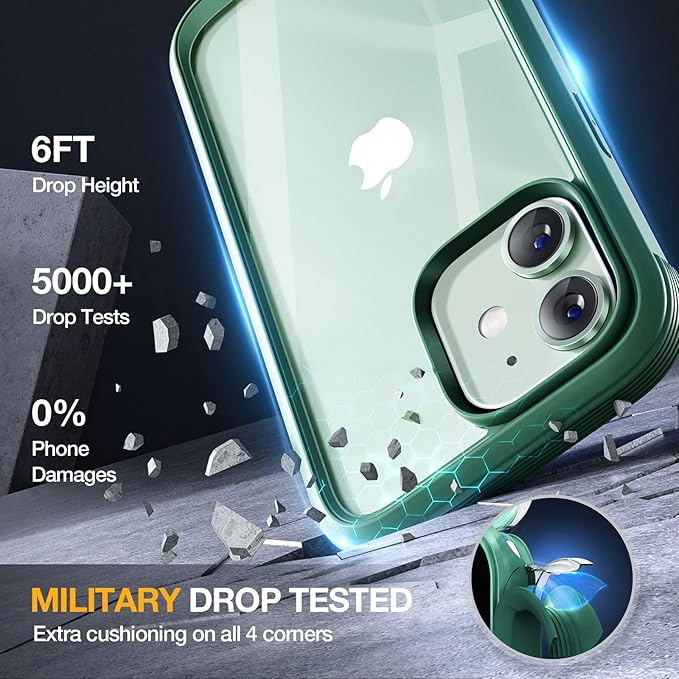 Miracase Glass Series for iPhone 12/12 Pro - Full-Body Rugged Protective Case with Built-in 9H Tempered Glass Screen Protector and Camera Lens Protector - Green