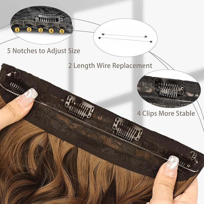 MORICA Invisible Wire Hair Extensions - 20 Inch Honey Blonde Mixed Light Brown Long Wavy Synthetic Hairpiece with Transparent Wire Adjustable Size, 4 Secure Clips for Women