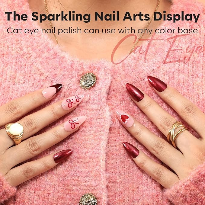 modelones Nail Polish Set, 6 Colors 2025 Summer Classic Apple Red Cat Eye Glitter Mini Quick Dry Nail Lacquer Kit, Ruby Cherry Red Magnetic Sparkle DIY Nail Art Manicure Gift for Women Girls