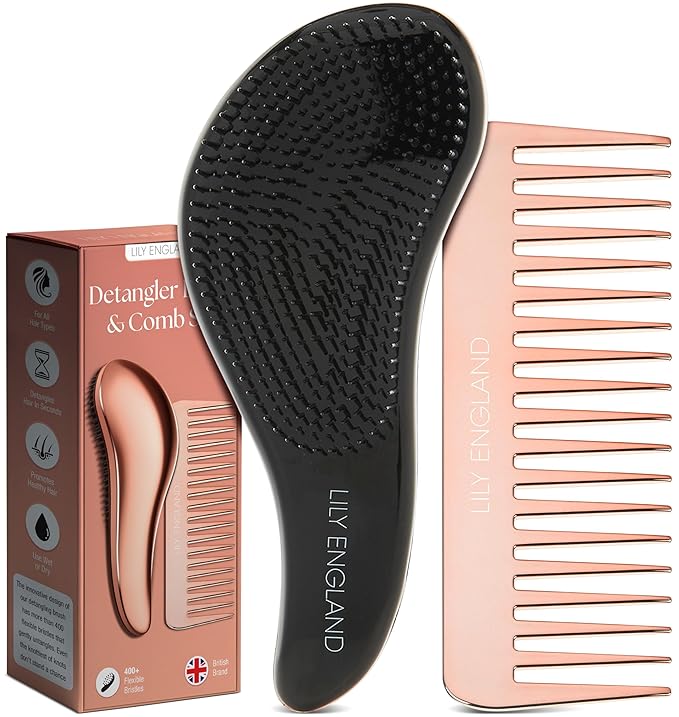 Lily England Detangling Comb & Hair Brush Set - Wide Tooth Comb for Curly, Straight, Thick, Fine & Wet Hair - Gentle & Pain-Free Detangler for Women & Kids - Lightweight Haircare Tools, Rose-Gold