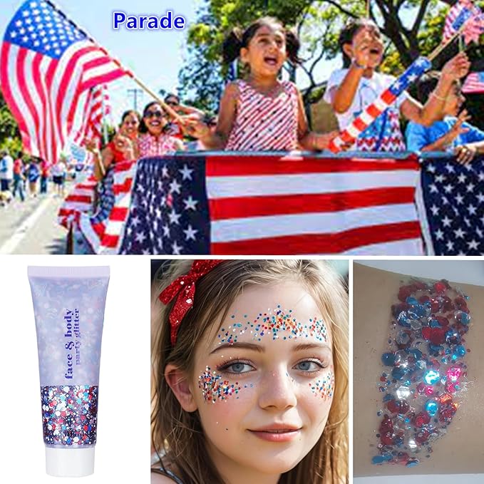 Go Ho Red White and Blue Body Glitter,USA Flag Pride Face Glitter,4th of July Outfits for Women Reflective Glitters Makeup,Holographic Long Lasting Chunky Sequins,Fourth of July Accessories