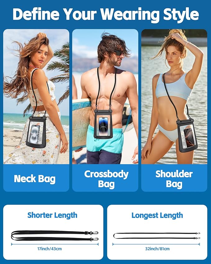 2L Waterproof Phone Pouch for Cruise Essentials 2024 Women, Large Space Waterproof Bag, Adjustable Lanyard Dry Bag for Family Vacations, Beach, Cruises Ship for 3 Phones iPhone Galaxy - Black