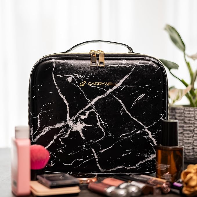 (Not Made In China) Makeup Train Case, Cosmetic Organizer Bag, Travel Make Up Storage With Adjustable Dividers For Cosmetics, Jewelry, Fragrance, Nail Polish and Brushes (1, Marble, Small)