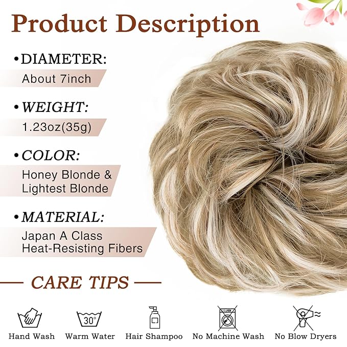 MORICA 1PCS Messy Hair Bun Hair Scrunchies Extension Curly Wavy Messy Synthetic Chignon for Women (27h613(Honey Blonde & Lightest Blonde))