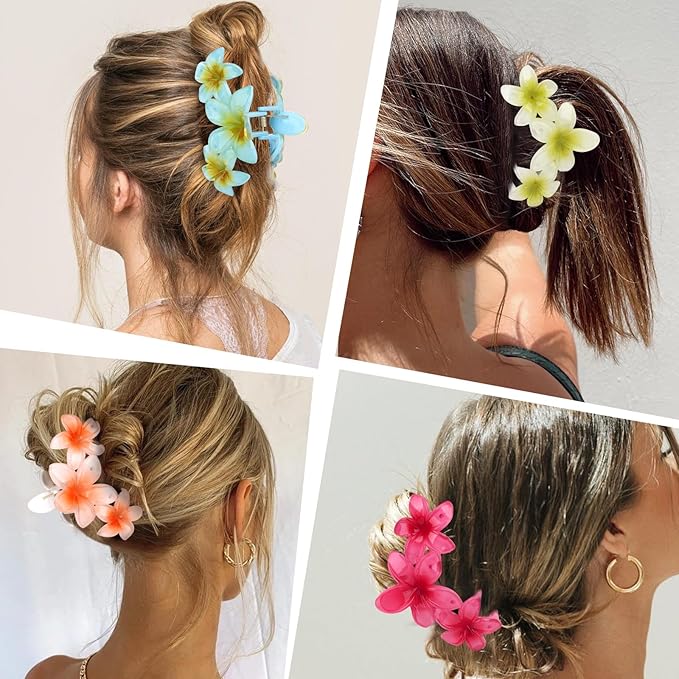 4PCS Flower Hair Clips Claw Clips for Thick Hair Non-Slip Strong Hold Flower Clip Cute Plumeria Hair Clips for Women Girls (Colorful)
