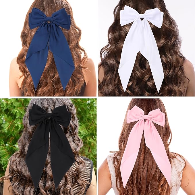 Silky Satin Oversized Hair Bows for Women Girls 4 PCS Hair Ribbon Bow Hair Clips with Long Tails (Black, White, Pink, Navy )