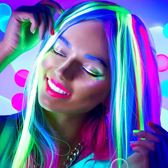20 Pcs Glow in the Dark Colored Hair Extensions Clip 20 Inch Rainbow Party Hairpiece for Women, 10 Color(Multicolor)