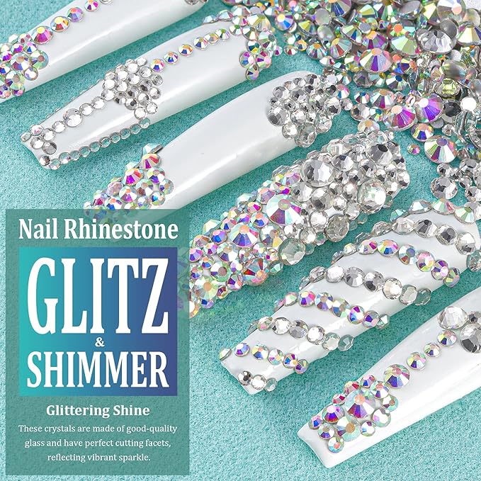 6 Sizes Transparent and AB Glass Crystal Kit with Pickup Pen + Tweezer Tools for Iridescent Shine Nail Art Manicure Makeup DIY Decoration Flatback Round Rhinestone Gem Jewelry Diamond
