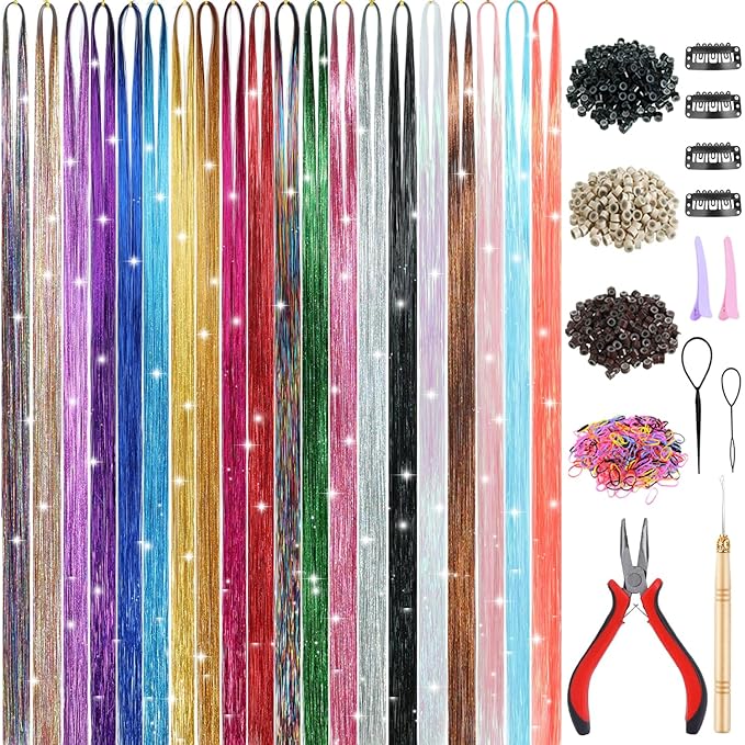 20 Colors Hair Tinsel Kit with Tools 48 Inch 4600 Strands Fairy Hair Tinsel Heat Resistant Glitter Tinsel Hair Extensions Hair Accessories Hair Tinsel Kit for Girls Women Kids (20 Colors)