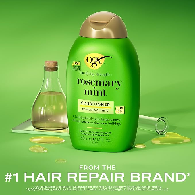 OGX Clarifying Strength + Rosemary Mint Conditioner, Clarifying Conditioner Visibly Helps Remove Oil & Residue to Clear Away Buildup from Oily Hair, Sulfate-Free Surfactants, 13 fl. oz