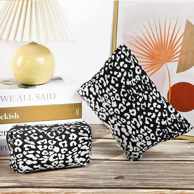 2 Pieces Leopard Print Makeup Bag Large Cosmetic Bag Capacity Canvas Mix Travel Toiletry Bag Organizer Cute Makeup Brushes Aesthetic Accessories Storage Bag for Women, Leopard Print Mix Black