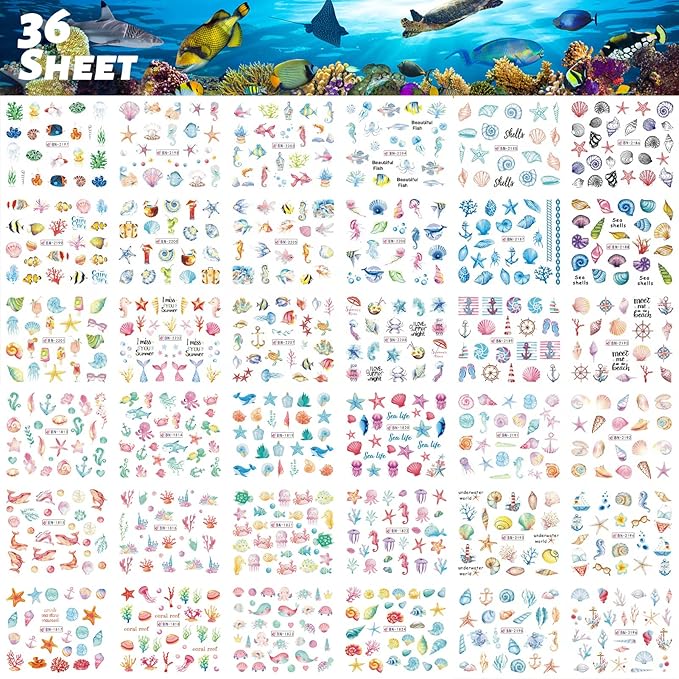 36 Sheets Summer Nail Art Stickers, Ocean Anchor Water Transfer Nail Decals, Shark Seashell Sea Turtle Design DIY Manicure Decorations for Girls Women