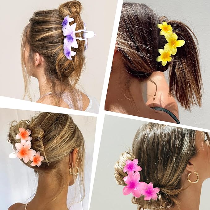 Colorful Hawaiian Flower Hair Clips for Women - Large Non-Slip Claw Clips with Strong Hold, Beach Hair Accessories for Thick Hair
