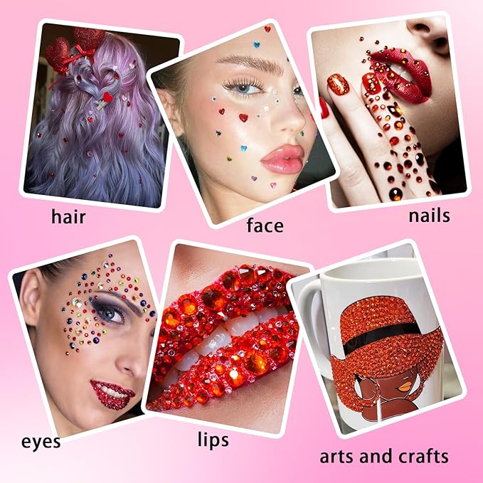 NIACONN 1760 Pcs Red Hair Jewels Face Gems Stick on, Self Adhesive Glitter Rhinestones Stickers for Women Body Eyes Nails Festival Halloween Makeup & Crafts