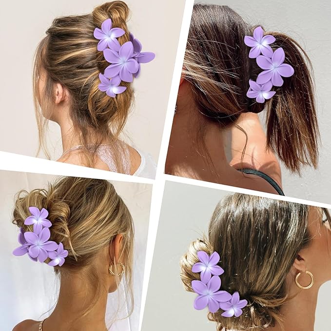 ANBALA Hair Clip, 4PCS Flower Design Plumeria Hair Clips, Large Non-Slip Strong Hold Claw Clips for Thick Hair, Beach Hair Accessories for Women Girls (Purple)